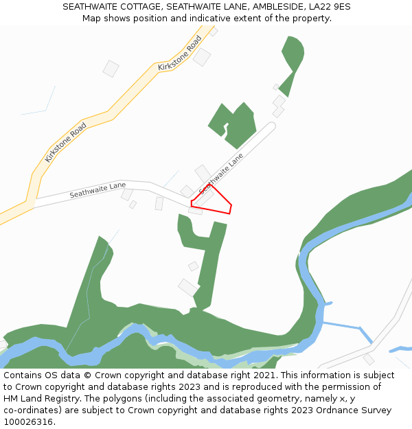 SEATHWAITE COTTAGE, SEATHWAITE LANE, AMBLESIDE, LA22 9ES: Location map and indicative extent of plot