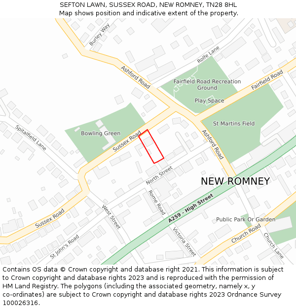 SEFTON LAWN, SUSSEX ROAD, NEW ROMNEY, TN28 8HL: Location map and indicative extent of plot