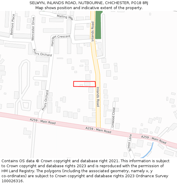 SELWYN, INLANDS ROAD, NUTBOURNE, CHICHESTER, PO18 8RJ: Location map and indicative extent of plot