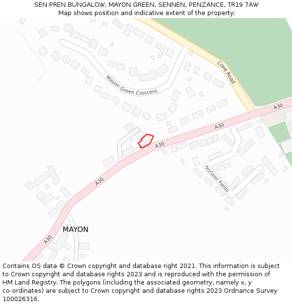 SEN PREN BUNGALOW, MAYON GREEN, SENNEN, PENZANCE, TR19 7AW: Location map and indicative extent of plot