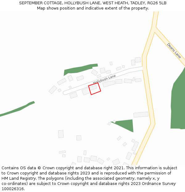 SEPTEMBER COTTAGE, HOLLYBUSH LANE, WEST HEATH, TADLEY, RG26 5LB: Location map and indicative extent of plot