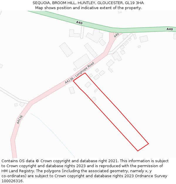 SEQUOIA, BROOM HILL, HUNTLEY, GLOUCESTER, GL19 3HA: Location map and indicative extent of plot