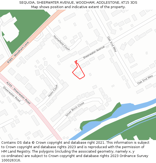 SEQUOIA, SHEERWATER AVENUE, WOODHAM, ADDLESTONE, KT15 3DS: Location map and indicative extent of plot