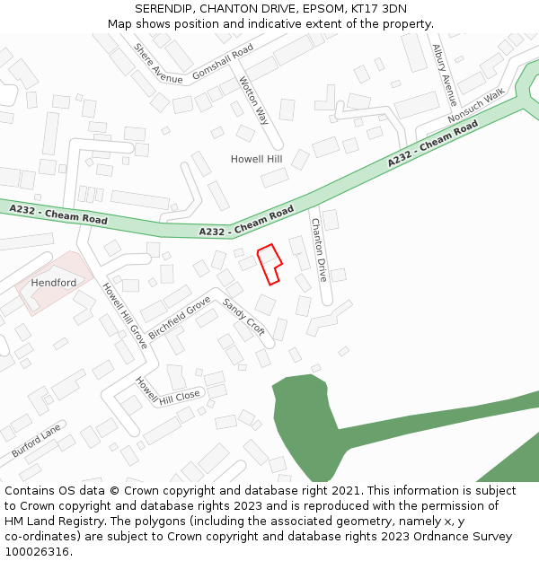 SERENDIP, CHANTON DRIVE, EPSOM, KT17 3DN: Location map and indicative extent of plot
