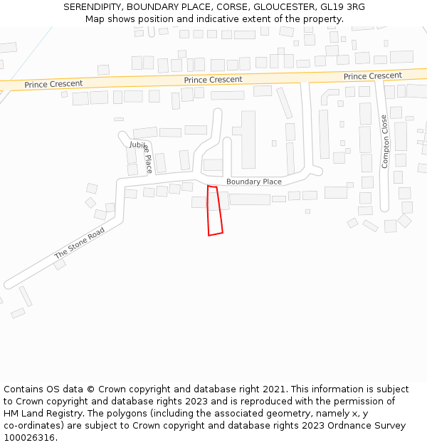 SERENDIPITY, BOUNDARY PLACE, CORSE, GLOUCESTER, GL19 3RG: Location map and indicative extent of plot