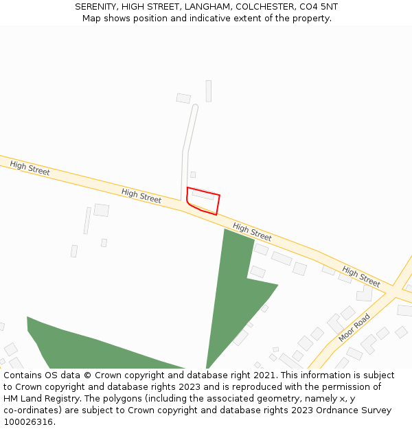 SERENITY, HIGH STREET, LANGHAM, COLCHESTER, CO4 5NT: Location map and indicative extent of plot