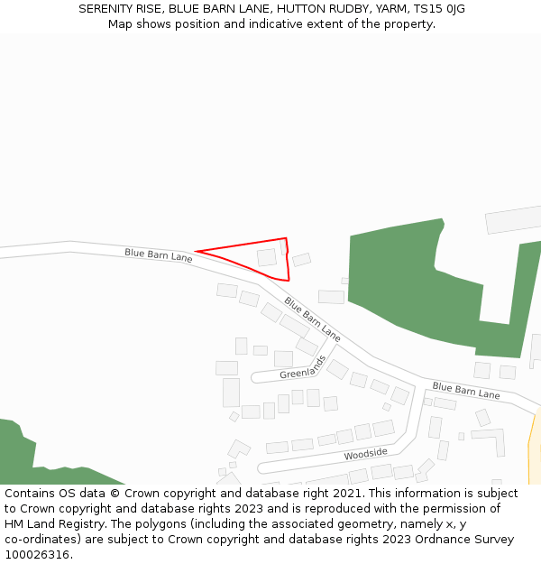 SERENITY RISE, BLUE BARN LANE, HUTTON RUDBY, YARM, TS15 0JG: Location map and indicative extent of plot