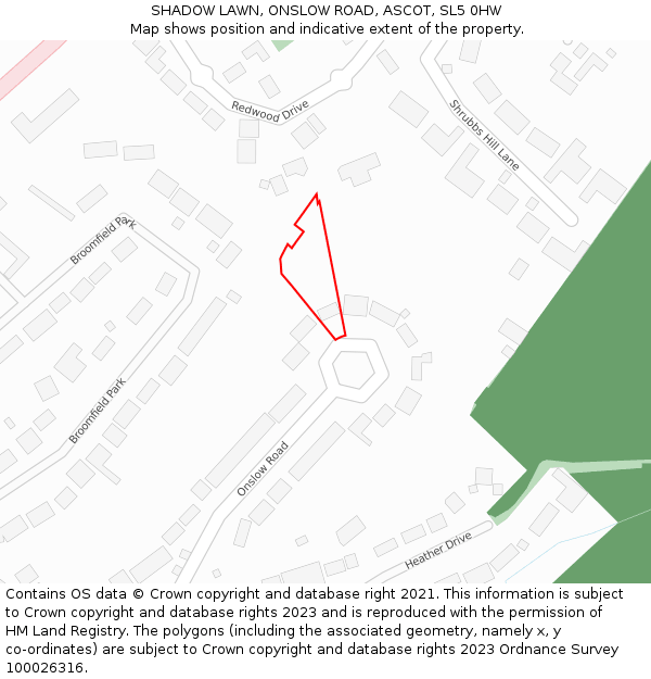 SHADOW LAWN, ONSLOW ROAD, ASCOT, SL5 0HW: Location map and indicative extent of plot