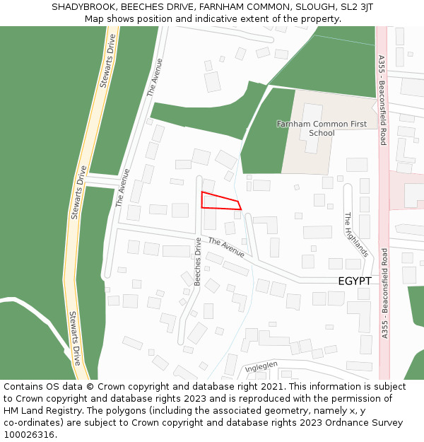 SHADYBROOK, BEECHES DRIVE, FARNHAM COMMON, SLOUGH, SL2 3JT: Location map and indicative extent of plot