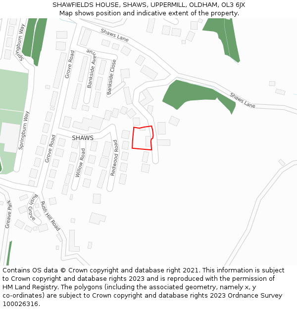 SHAWFIELDS HOUSE, SHAWS, UPPERMILL, OLDHAM, OL3 6JX: Location map and indicative extent of plot