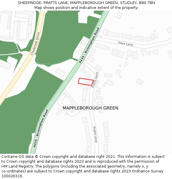 SHEEPRIDGE, PRATTS LANE, MAPPLEBOROUGH GREEN, STUDLEY, B80 7BN: Location map and indicative extent of plot