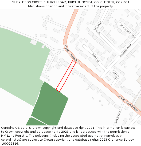 SHEPHERDS CROFT, CHURCH ROAD, BRIGHTLINGSEA, COLCHESTER, CO7 0QT: Location map and indicative extent of plot