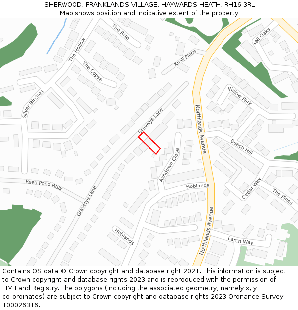 SHERWOOD, FRANKLANDS VILLAGE, HAYWARDS HEATH, RH16 3RL: Location map and indicative extent of plot