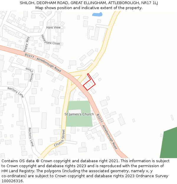 SHILOH, DEOPHAM ROAD, GREAT ELLINGHAM, ATTLEBOROUGH, NR17 1LJ: Location map and indicative extent of plot