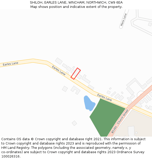 SHILOH, EARLES LANE, WINCHAM, NORTHWICH, CW9 6EA: Location map and indicative extent of plot