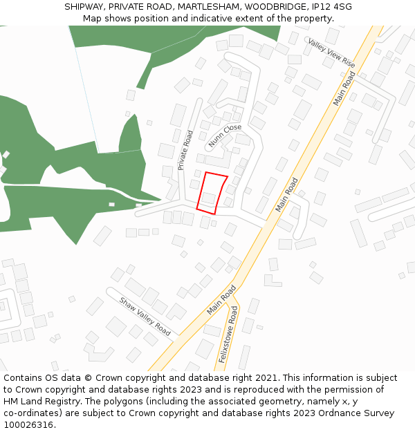 SHIPWAY, PRIVATE ROAD, MARTLESHAM, WOODBRIDGE, IP12 4SG: Location map and indicative extent of plot