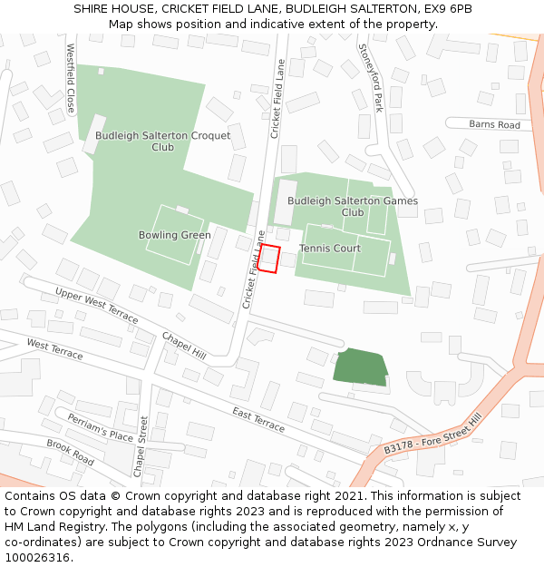 SHIRE HOUSE, CRICKET FIELD LANE, BUDLEIGH SALTERTON, EX9 6PB: Location map and indicative extent of plot