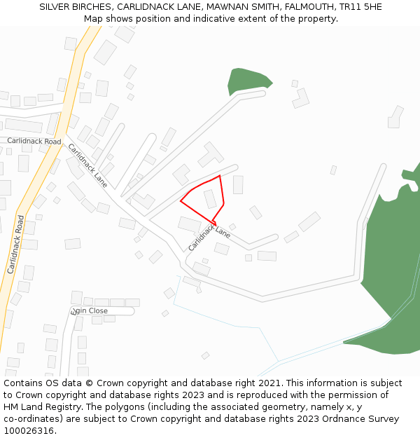 SILVER BIRCHES, CARLIDNACK LANE, MAWNAN SMITH, FALMOUTH, TR11 5HE: Location map and indicative extent of plot