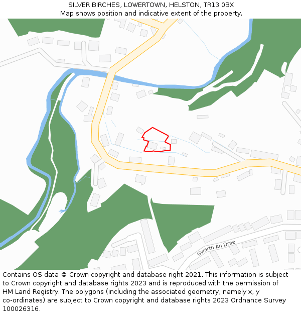 SILVER BIRCHES, LOWERTOWN, HELSTON, TR13 0BX: Location map and indicative extent of plot