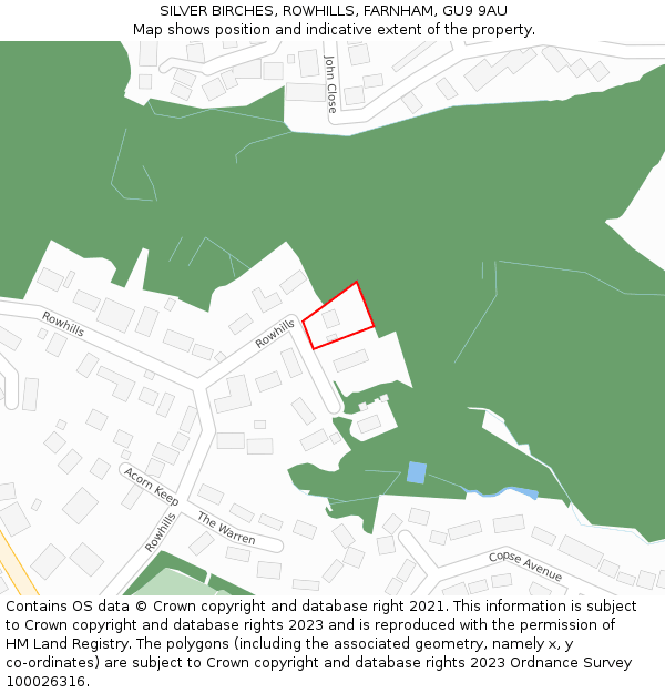 SILVER BIRCHES, ROWHILLS, FARNHAM, GU9 9AU: Location map and indicative extent of plot