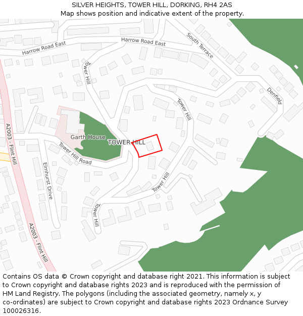 SILVER HEIGHTS, TOWER HILL, DORKING, RH4 2AS: Location map and indicative extent of plot