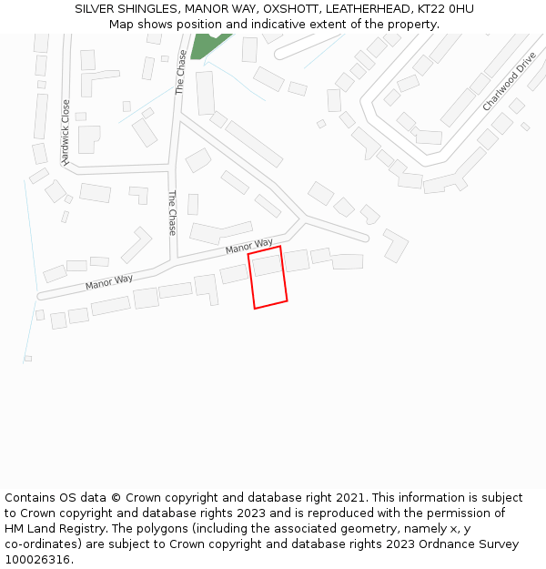 SILVER SHINGLES, MANOR WAY, OXSHOTT, LEATHERHEAD, KT22 0HU: Location map and indicative extent of plot