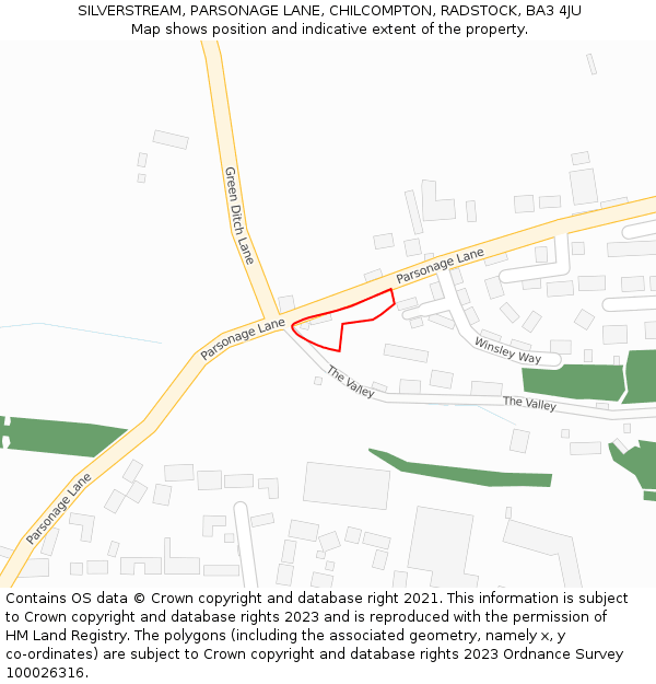 SILVERSTREAM, PARSONAGE LANE, CHILCOMPTON, RADSTOCK, BA3 4JU: Location map and indicative extent of plot