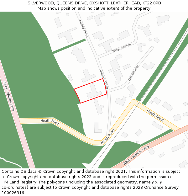 SILVERWOOD, QUEENS DRIVE, OXSHOTT, LEATHERHEAD, KT22 0PB: Location map and indicative extent of plot