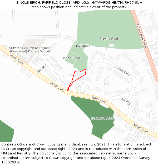 SINGLE BIRCH, FAIRFIELD CLOSE, ARDINGLY, HAYWARDS HEATH, RH17 6UH: Location map and indicative extent of plot