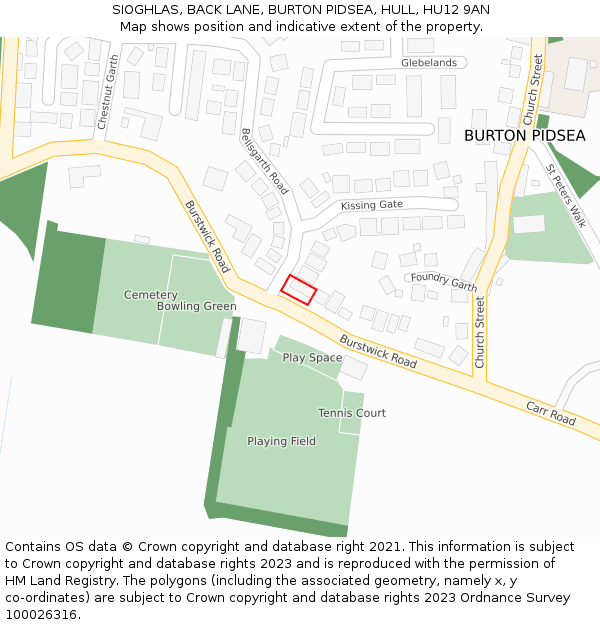 SIOGHLAS, BACK LANE, BURTON PIDSEA, HULL, HU12 9AN: Location map and indicative extent of plot