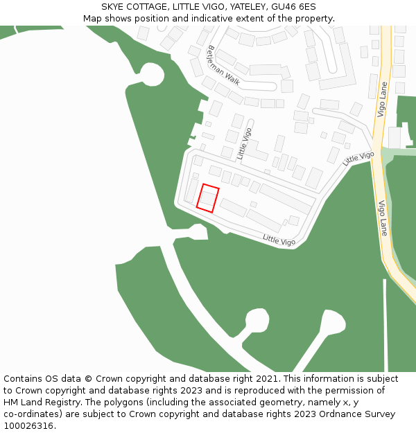 SKYE COTTAGE, LITTLE VIGO, YATELEY, GU46 6ES: Location map and indicative extent of plot