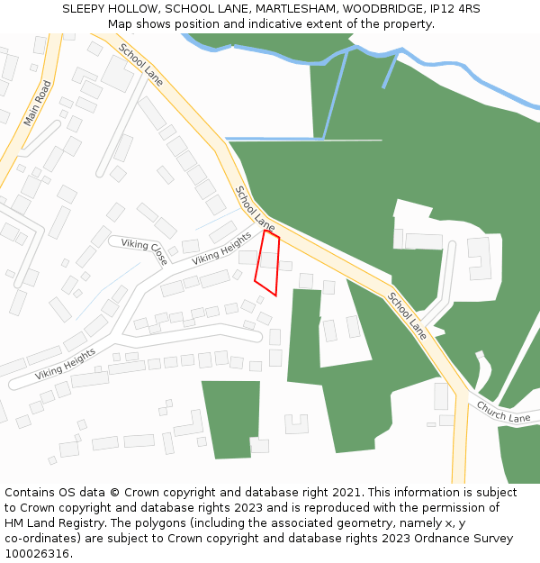 SLEEPY HOLLOW, SCHOOL LANE, MARTLESHAM, WOODBRIDGE, IP12 4RS: Location map and indicative extent of plot