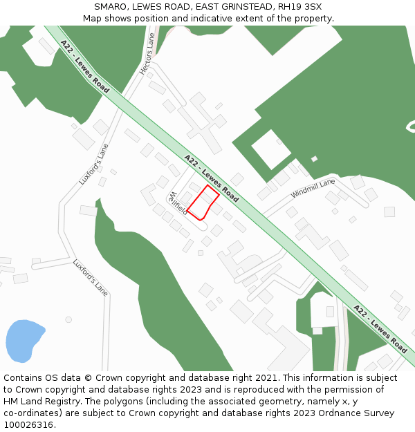 SMARO, LEWES ROAD, EAST GRINSTEAD, RH19 3SX: Location map and indicative extent of plot