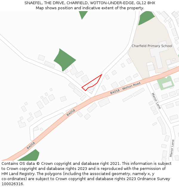SNAEFEL, THE DRIVE, CHARFIELD, WOTTON-UNDER-EDGE, GL12 8HX: Location map and indicative extent of plot