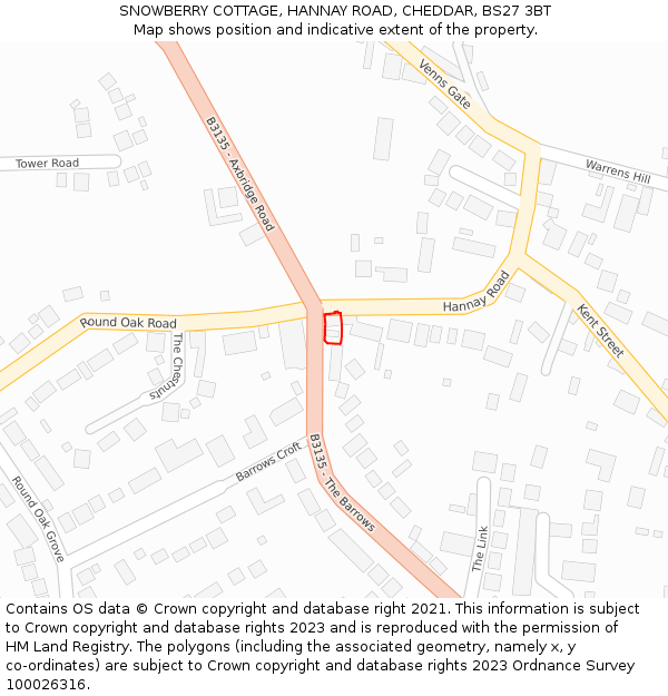 SNOWBERRY COTTAGE, HANNAY ROAD, CHEDDAR, BS27 3BT: Location map and indicative extent of plot