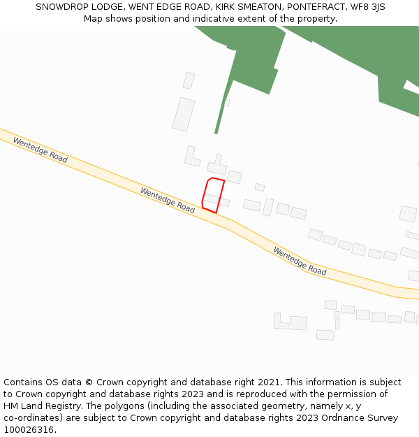 SNOWDROP LODGE, WENT EDGE ROAD, KIRK SMEATON, PONTEFRACT, WF8 3JS: Location map and indicative extent of plot