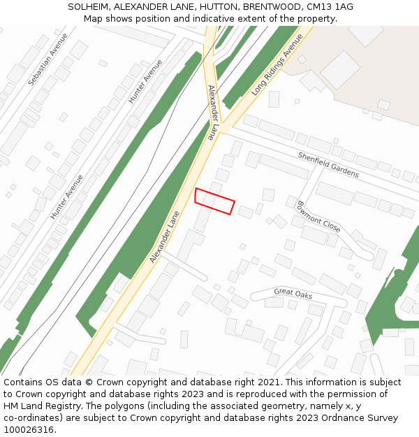 SOLHEIM, ALEXANDER LANE, HUTTON, BRENTWOOD, CM13 1AG: Location map and indicative extent of plot