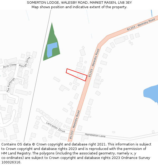 SOMERTON LODGE, WALESBY ROAD, MARKET RASEN, LN8 3EY: Location map and indicative extent of plot