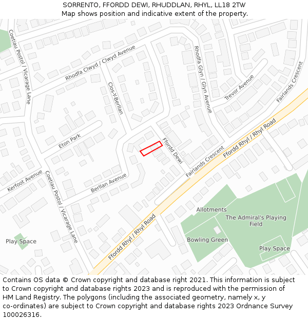 SORRENTO, FFORDD DEWI, RHUDDLAN, RHYL, LL18 2TW: Location map and indicative extent of plot