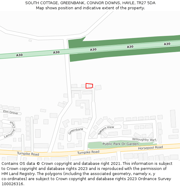 SOUTH COTTAGE, GREENBANK, CONNOR DOWNS, HAYLE, TR27 5DA: Location map and indicative extent of plot