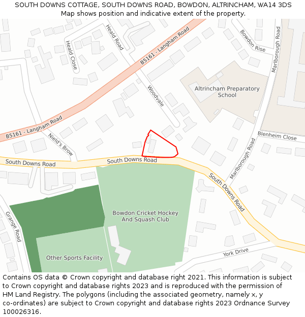 SOUTH DOWNS COTTAGE, SOUTH DOWNS ROAD, BOWDON, ALTRINCHAM, WA14 3DS: Location map and indicative extent of plot