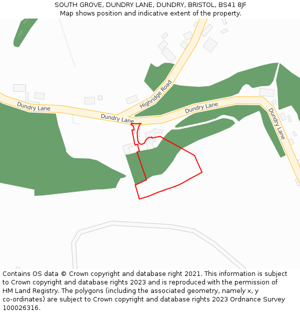 SOUTH GROVE, DUNDRY LANE, DUNDRY, BRISTOL, BS41 8JF: Location map and indicative extent of plot