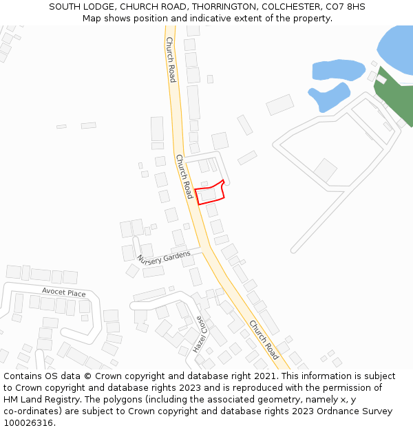 SOUTH LODGE, CHURCH ROAD, THORRINGTON, COLCHESTER, CO7 8HS: Location map and indicative extent of plot