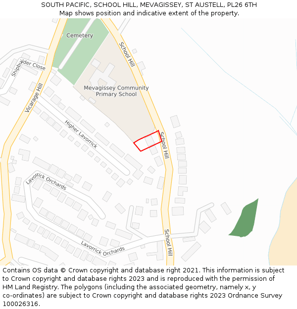 SOUTH PACIFIC, SCHOOL HILL, MEVAGISSEY, ST AUSTELL, PL26 6TH: Location map and indicative extent of plot