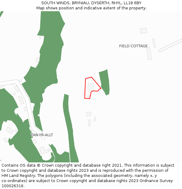 SOUTH WINDS, BRYNIAU, DYSERTH, RHYL, LL18 6BY: Location map and indicative extent of plot