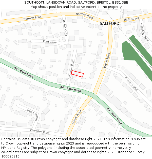 SOUTHCOTT, LANSDOWN ROAD, SALTFORD, BRISTOL, BS31 3BB: Location map and indicative extent of plot