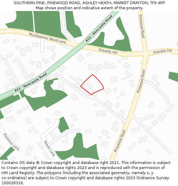 SOUTHERN PINE, PINEWOOD ROAD, ASHLEY HEATH, MARKET DRAYTON, TF9 4PP: Location map and indicative extent of plot