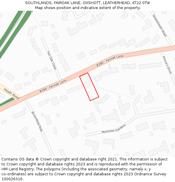 SOUTHLANDS, FAIROAK LANE, OXSHOTT, LEATHERHEAD, KT22 0TW: Location map and indicative extent of plot