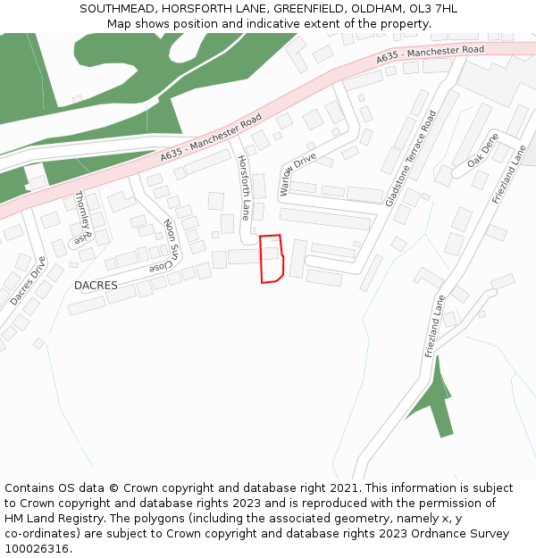 SOUTHMEAD, HORSFORTH LANE, GREENFIELD, OLDHAM, OL3 7HL: Location map and indicative extent of plot