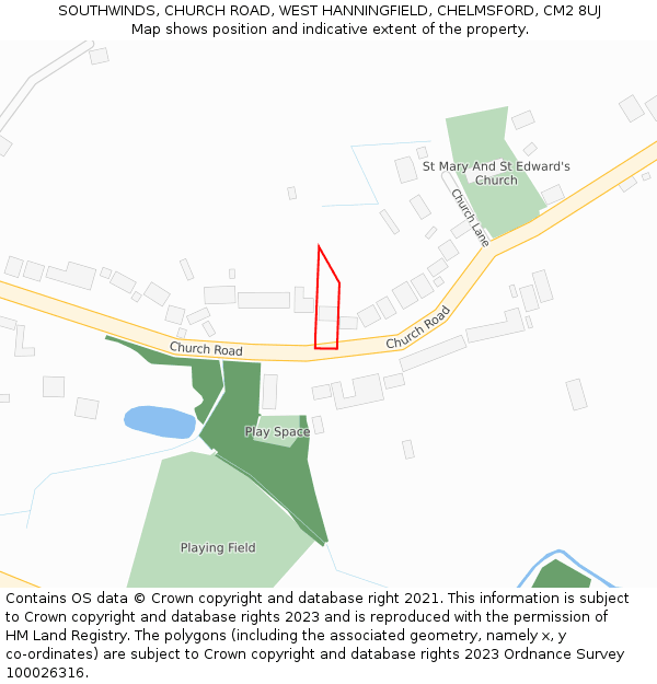 SOUTHWINDS, CHURCH ROAD, WEST HANNINGFIELD, CHELMSFORD, CM2 8UJ: Location map and indicative extent of plot